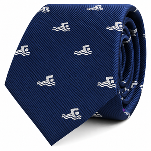 Introducing the Swimming Skinny Tie: a rolled-up navy blue tie featuring a repeating embroidered white swimmer icon pattern—perfect for water sports enthusiasts.