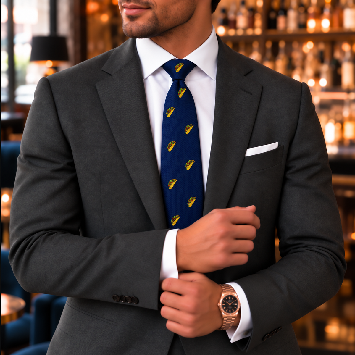 A man in a dark suit and white shirt, accessorized with the Taco Skinny Tie featuring a playful taco print, adjusts his cuff in an upscale bar while wearing a wristwatch and pocket square.