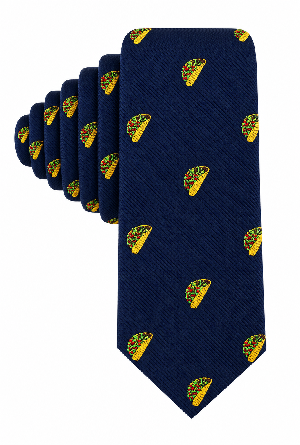 Introducing the Taco Skinny Tie in navy blue, showcasing a playful, stacked pattern of yellow tacos brimming with toppings—a fun, food-inspired accessory for anyone looking to add personality to their neckwear.