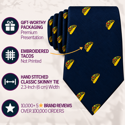 The Taco Skinny Tie features a navy blue color with an embroidered taco pattern, and is showcased with icons and text highlighting its premium packaging, intricate embroidery, fashionable skinny silhouette, and excellent customer reviews. This playful necktie brings a unique touch to your wardrobe with its fun food-themed taco design.