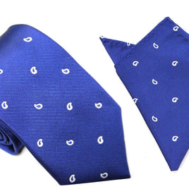 The Tear Drop Business Tie & Pocket Square Set, featuring small white paisley patterns, exudes elegance in every stitch.