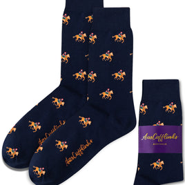 Thoroughbred Horse Racing Socks in navy blue with a horse and jockey pattern, "AusCufflinks Australia" branding, and a purple band—perfect for horse racing fans.