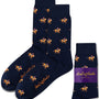 Thoroughbred Horse Racing Socks in navy blue with a horse and jockey pattern, "AusCufflinks Australia" branding, and a purple band—perfect for horse racing fans.