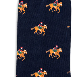 Thoroughbred Horse Racing Socks in navy blue, showcasing a repeating motif of a horse and rider wearing a red hat and green outfit.
