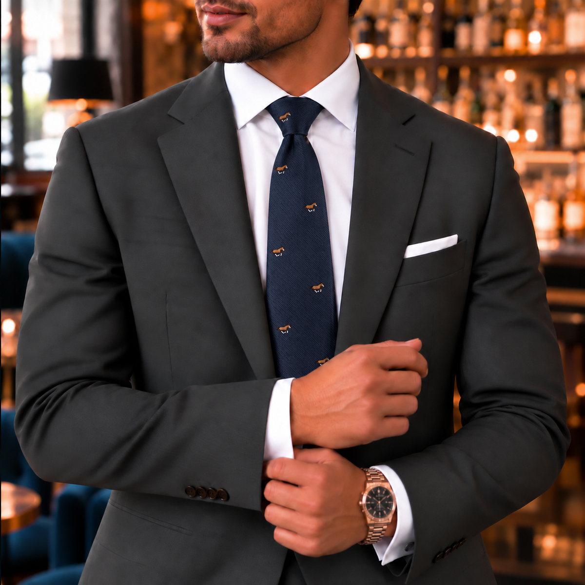 A man in a dark suit and the Thoroughbred Horse Skinny Tie adjusts his cufflink in an upscale bar, wearing a watch and pocket square, with shelves of bottles blurred in the background.