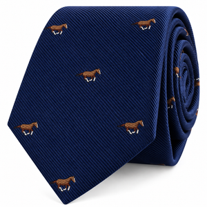 Introducing the Thoroughbred Horse Skinny Tie—a navy blue equestrian tie with a textured pattern and small, embroidered brown horses evenly spaced throughout. This stylish accessory makes the perfect gift for horse lovers and enthusiasts alike.