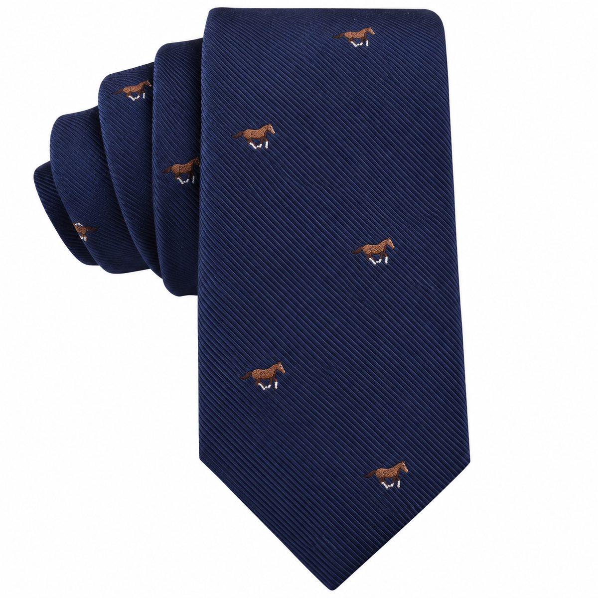 The Thoroughbred Horse Skinny Tie features a navy blue hue with a subtle diagonal texture, accented by small, evenly spaced embroidered brown horse motifs—making it the perfect equestrian tie and a thoughtful gift for horse lovers.
