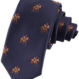 The Thoroughbred Racing Horse Skinny Tie in navy blue showcases a repeating jockeys-and-horses pattern, making it perfect for equestrian enthusiasts.