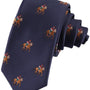 The Thoroughbred Racing Horse Skinny Tie in navy blue showcases a repeating jockeys-and-horses pattern, making it perfect for equestrian enthusiasts.