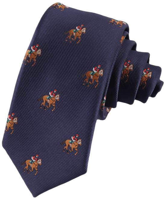 The Thoroughbred Racing Horse Skinny Tie in navy blue showcases a repeating jockeys-and-horses pattern, making it perfect for equestrian enthusiasts.