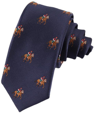 The Thoroughbred Racing Horse Skinny Tie in navy blue showcases a repeating jockeys-and-horses pattern, making it perfect for equestrian enthusiasts.