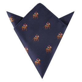 The Thoroughbred Racing Horse Pocket Square is a navy blue accessory featuring a repeating pattern of two polo players on horseback.