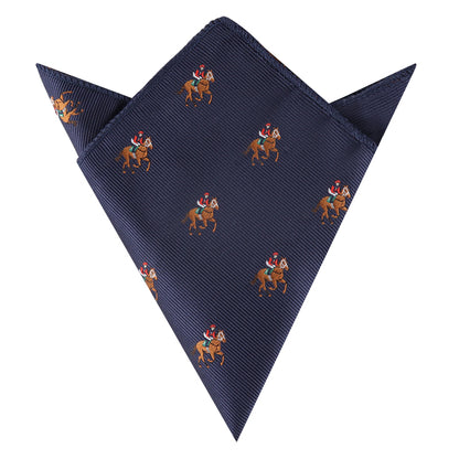 The Thoroughbred Racing Horse Pocket Square is a navy blue accessory featuring a repeating pattern of two polo players on horseback.