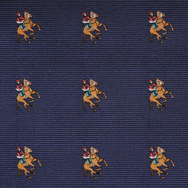 Close-up of dark blue fabric with a repeated pattern of two polo players on horses—ideal for the Thoroughbred Racing Horse Pocket Square or any horse-themed collection.