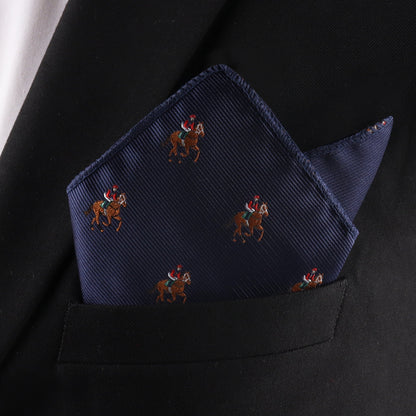 The Thoroughbred Racing Horse Pocket Square, featuring a horse and rider design, is stylishly tucked in a black suit jacket’s pocket—an elegant Melbourne Cup accessory.
