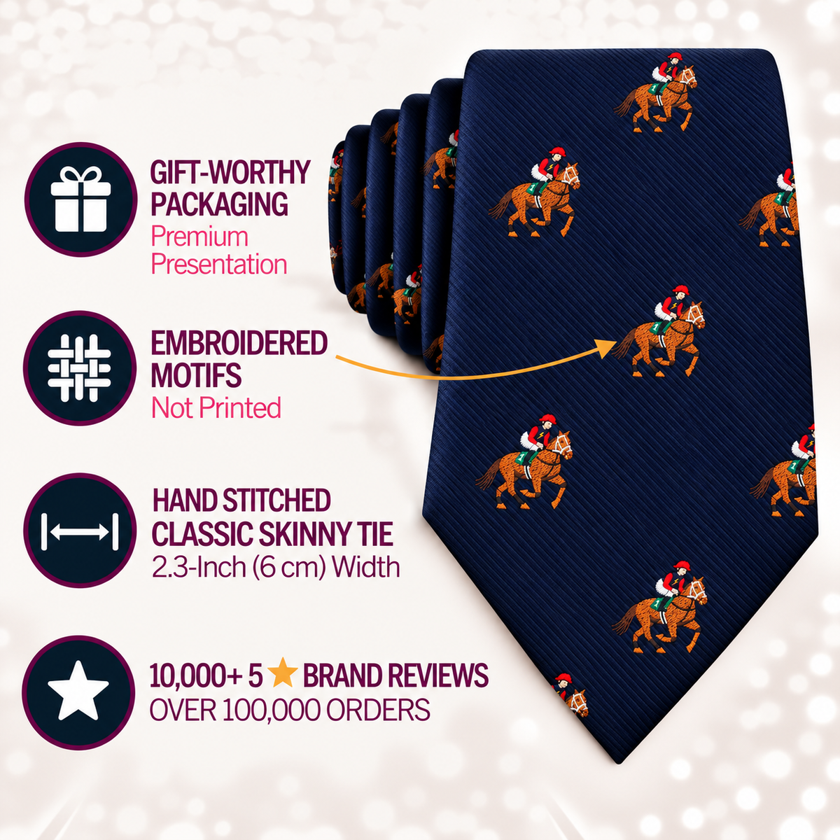 Thoroughbred Racing Horse Skinny Tie in navy blue features embroidered motifs of Santa riding a horse, showcased with gift packaging, handcrafted stitching, and excellent customer reviews.