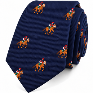 Thoroughbred Racing Horse Skinny Tie in navy blue, showcasing a repeating pattern of jockeys riding brown horses.