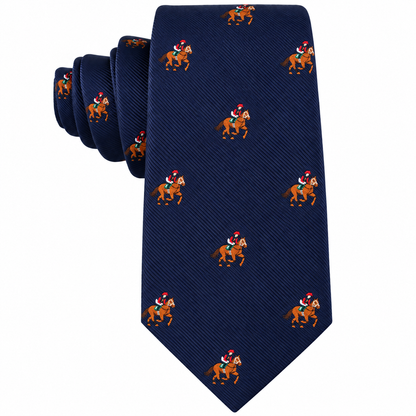Show off your holiday spirit with the Thoroughbred Racing Horse Skinny Tie, featuring a navy blue background and a repeating pattern of Santa Claus riding a brown horse. This festive equestrian tie puts a whimsical twist on the classic horse racing tie, making it the perfect playful accessory for any fan of Thoroughbred Racing Horse Skinny Ties.