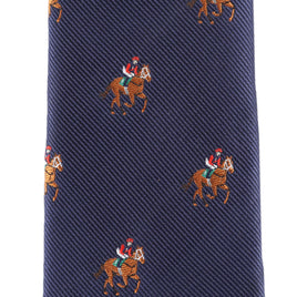 Close-up of the Thoroughbred Racing Horse Skinny Tie in navy blue, featuring a pattern of evenly spaced embroidered jockeys on horses.