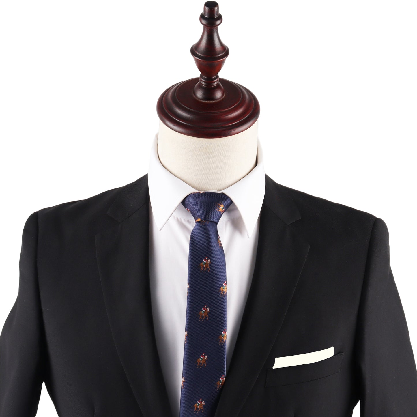 A mannequin dressed in a black suit jacket, white dress shirt, and the Thoroughbred Racing Horse Skinny Tie, paired with a pocket square in the breast pocket.