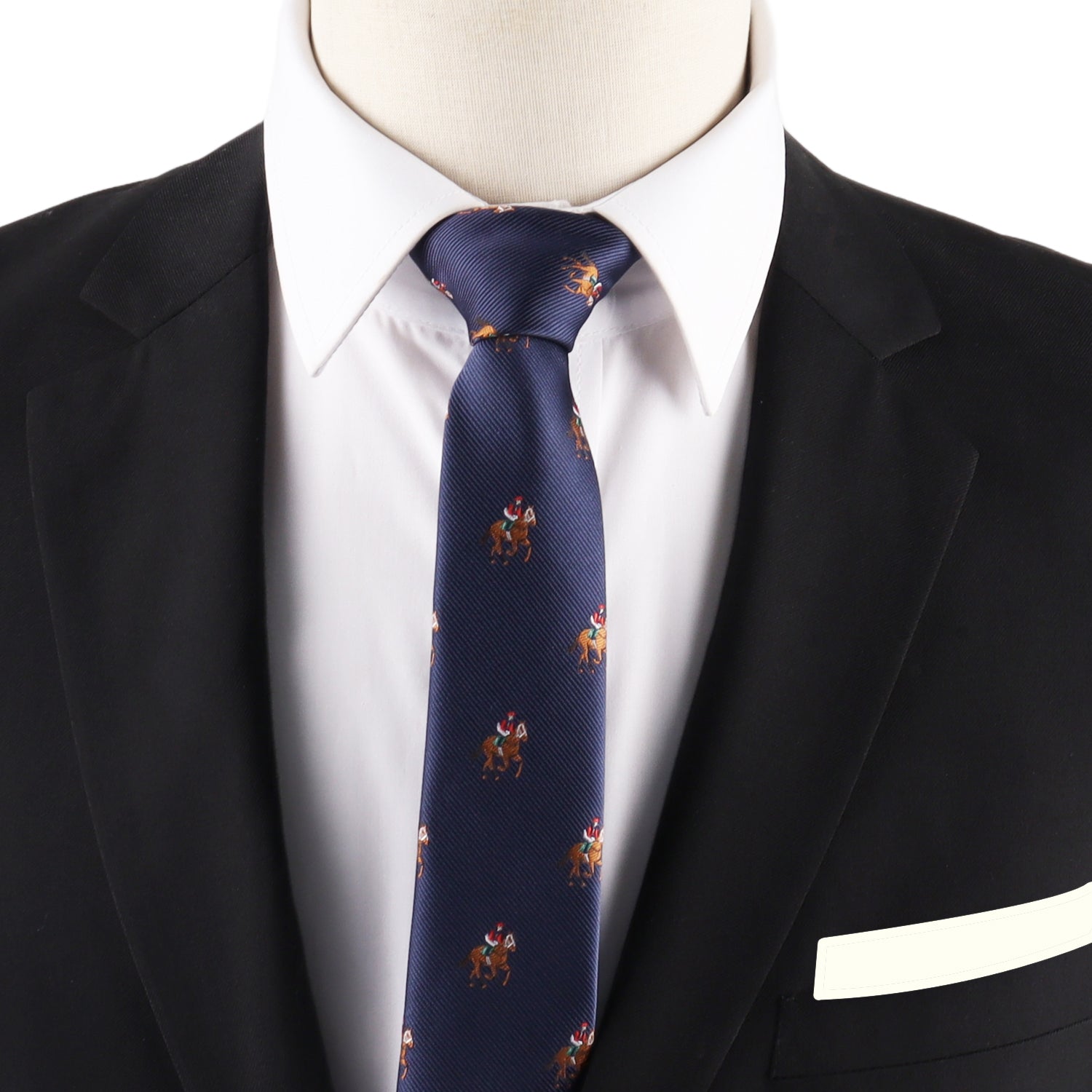 A person wearing a black suit jacket, white dress shirt, and a navy blue Thoroughbred Racing Horse Skinny Tie with a small horse and rider pattern.