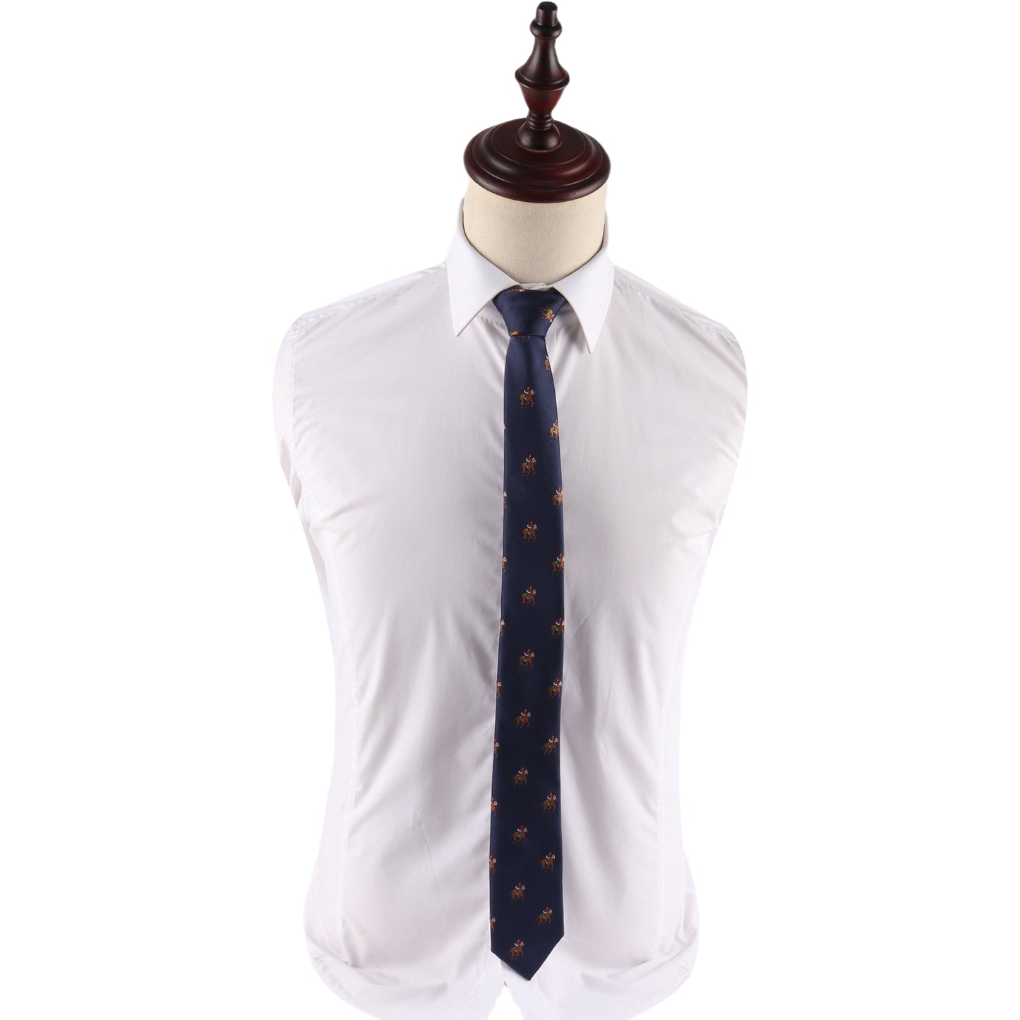 A mannequin displays a white dress shirt paired with the Thoroughbred Racing Horse Skinny Tie, featuring a navy blue pattern, set against a plain white background.