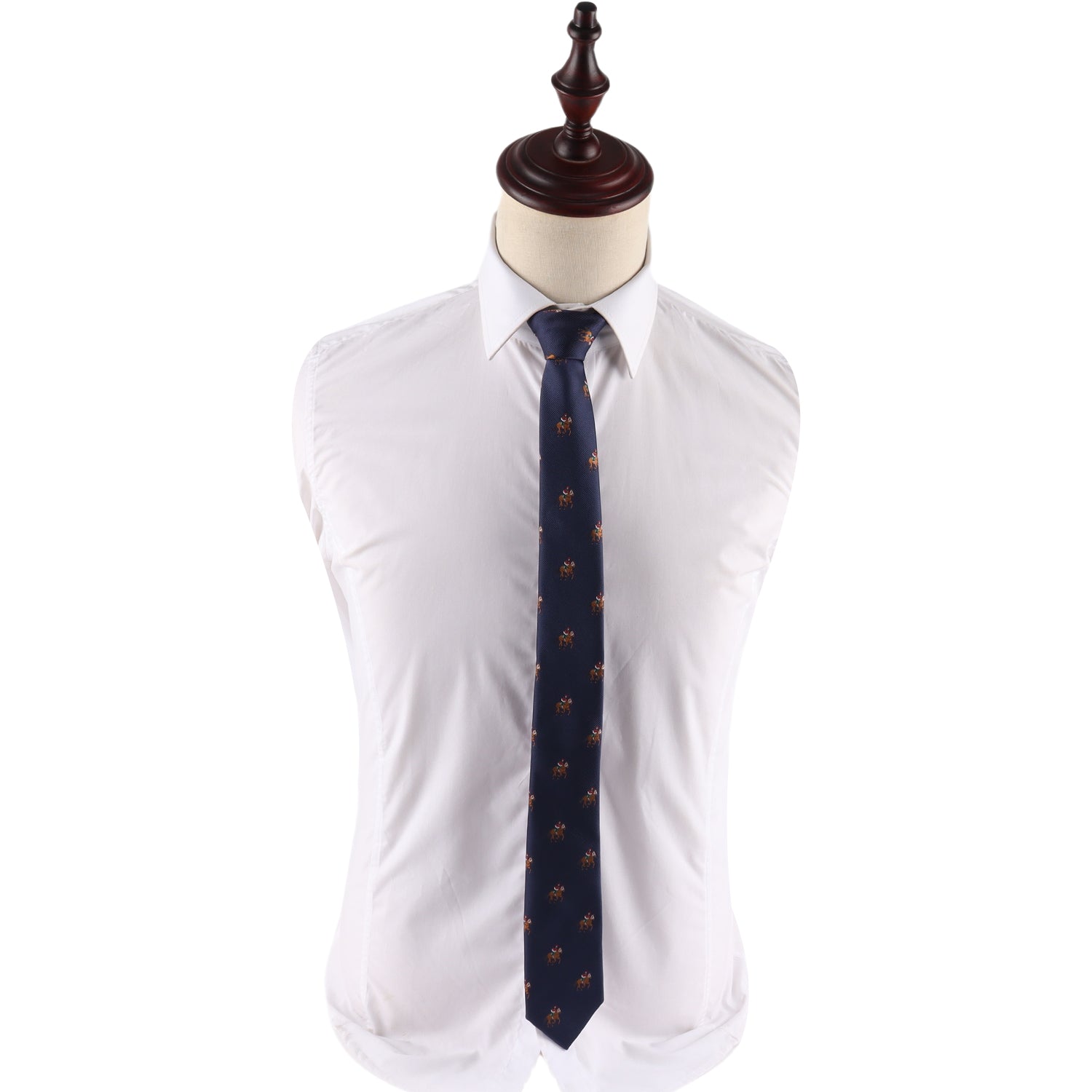 A mannequin displays a white dress shirt paired with the Thoroughbred Racing Horse Skinny Tie, featuring a navy blue pattern, set against a plain white background.