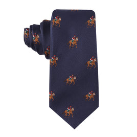 The Thoroughbred Racing Horse Skinny Tie features a navy blue background with jockeys in red, white, and blue—an ideal horse racing accessory for any equestrian sport enthusiast.