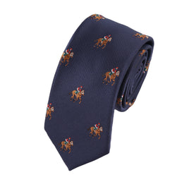 The Thoroughbred Racing Horse Skinny Tie is a navy blue tie featuring a repeating pattern of jockeys riding horses—perfect for any equestrian enthusiast.