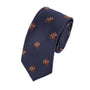 The Thoroughbred Racing Horse Skinny Tie is a navy blue tie featuring a repeating pattern of jockeys riding horses—perfect for any equestrian enthusiast.