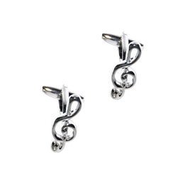 A pair of the Treble Clef Music Cufflinks, crafted in a stylish silver design, set elegantly against a white background.