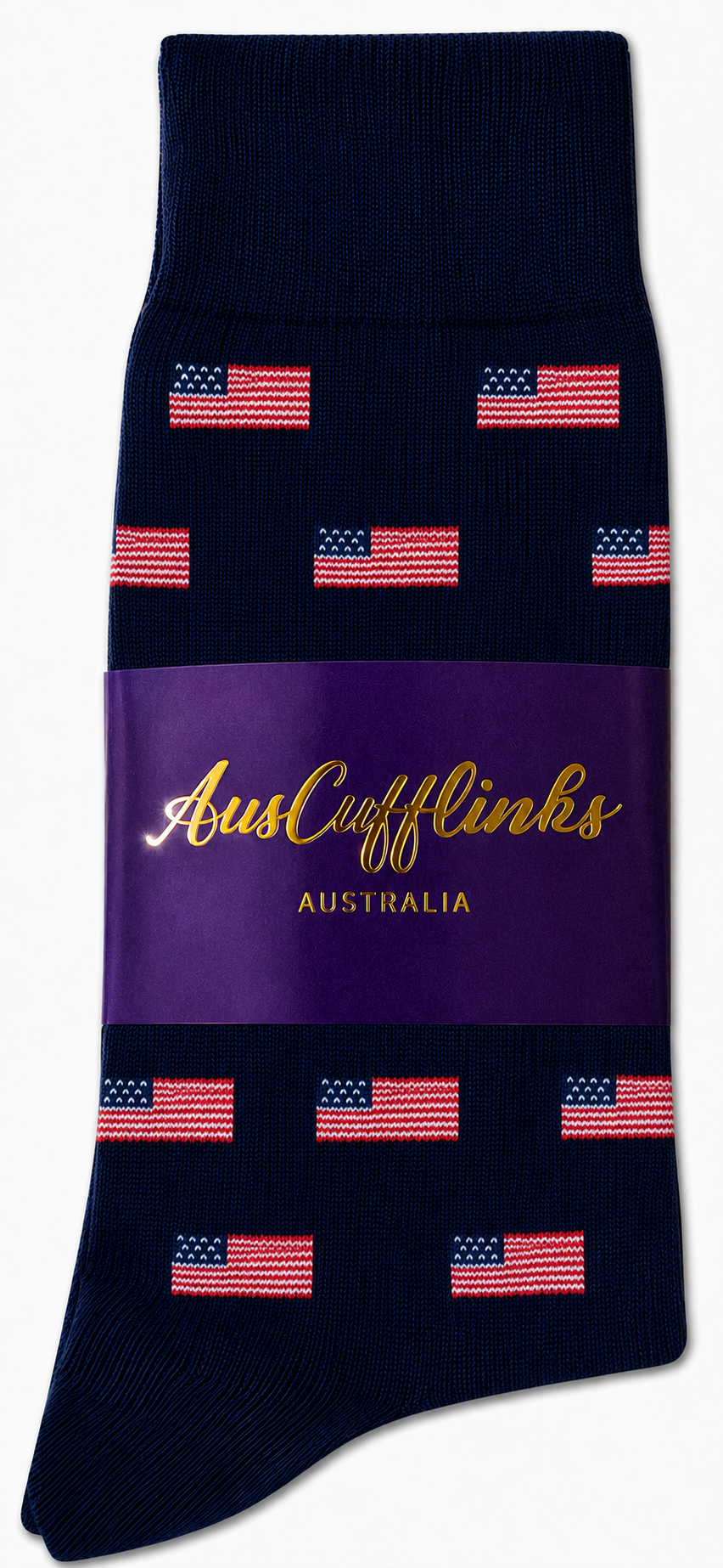 USA Flag Socks: Navy blue crew socks with repeated small American flag patterns, wrapped in a purple AusCufflinks Australia label.
