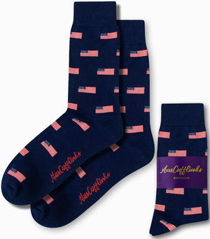 Navy blue USA Flag Socks with stylish American flag patterns, featuring stars and elegant red script, packaged in a sleeve labeled "AusCufflinks Australia.