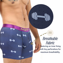A person wears Gym Underwear: navy athletic boxers with a dumbbell pattern and purple waistband; a close-up highlights small fabric perforations labeled "breathable fabric," ideal for the gym.