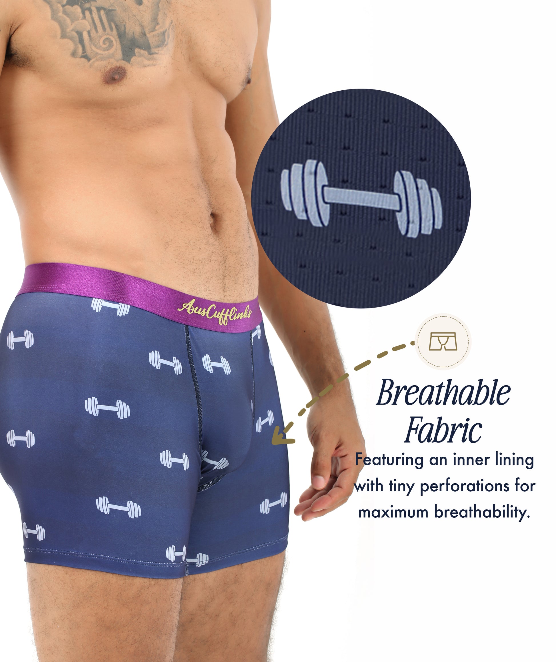 A person wears Gym Underwear: navy athletic boxers with a dumbbell pattern and purple waistband; a close-up highlights small fabric perforations labeled "breathable fabric," ideal for the gym.