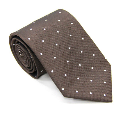 A playful brown white polka dot tie on a white background.