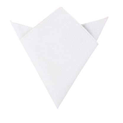 Against a plain white background lies a folded pocket square with two pointed ends, part of the Classic White Cotton Skinny Tie & Pocket Square Set—ideal for formal events.