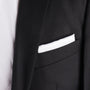 Close-up of a black suit jacket radiating elegance, featuring a White Silk Handkerchief neatly placed in the breast pocket.