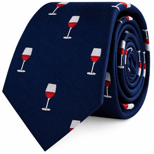 Wine Skinny Tie in navy blue with a repeating pattern of white wine glasses filled with red wine.
