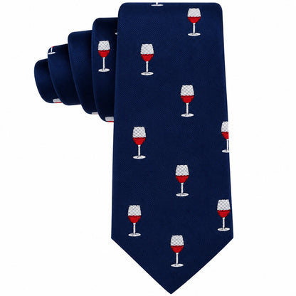 Navy blue Wine Skinny Tie featuring a repeating print of wine glasses filled with red wine.