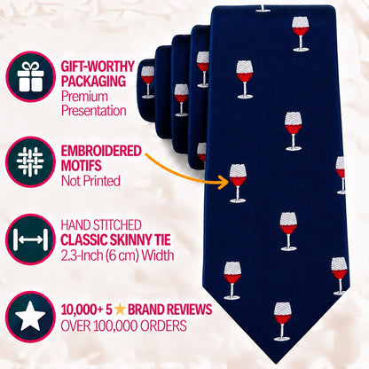 A dark blue Wine Skinny Tie featuring an embroidered wine glass pattern, shown with labels highlighting its gift packaging, 2.3-inch width, and customer reviews.