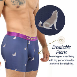 A man wears Wolf Underwear with a blue wolf print and purple waistband; a close-up showcases the breathable, moisture-wicking perforated fabric and comfortable inner lining.