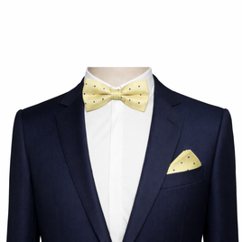 A mannequin dressed in a pinstripe suit and white shirt, accented by a Yellow Navy Polka Dot Bow Tie for men with a matching pocket square.