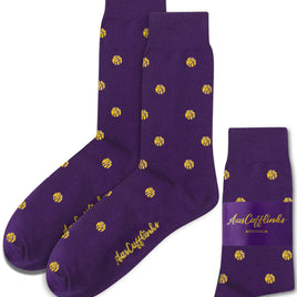 A pair of breathable Yellow Basketball Socks in purple with a yellow NBA-inspired pattern and the "AusCufflinks Australia" logo on the side, plus one extra folded pair with a branded label included.