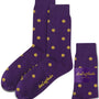 A pair of breathable Yellow Basketball Socks in purple with a yellow NBA-inspired pattern and the "AusCufflinks Australia" logo on the side, plus one extra folded pair with a branded label included.