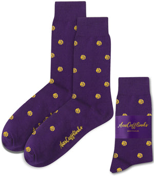 A pair of breathable Yellow Basketball Socks in purple with a yellow NBA-inspired pattern and the "AusCufflinks Australia" logo on the side, plus one extra folded pair with a branded label included.