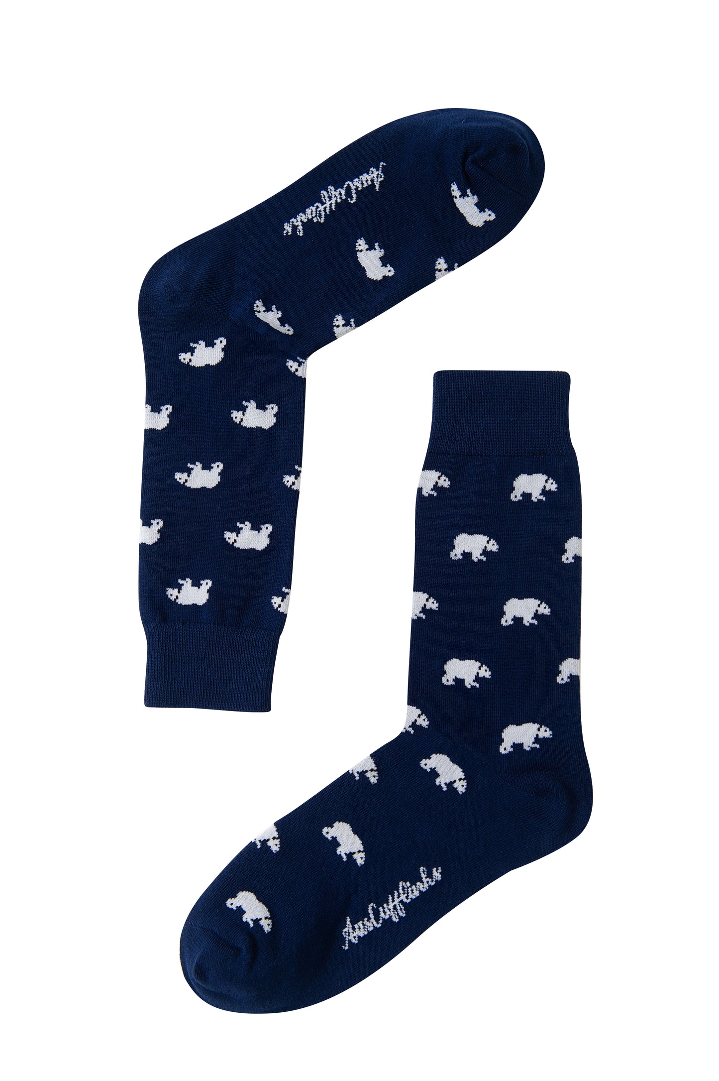 Arctic-themed socks with white polar bear design on navy blue background by AusCufflinks