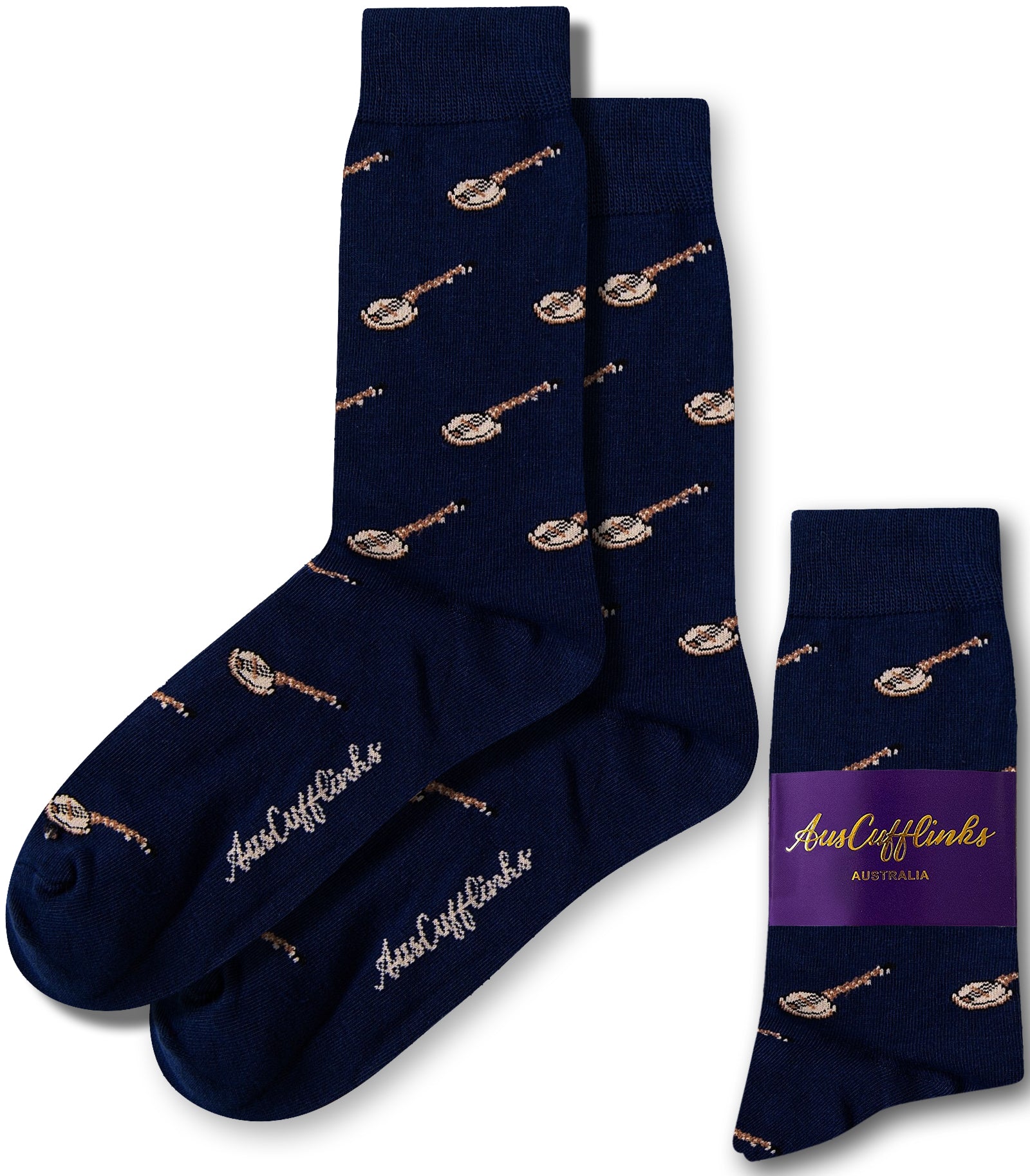 Banjo print socks in navy blue base featuring detailed banjo design by AusCufflinks