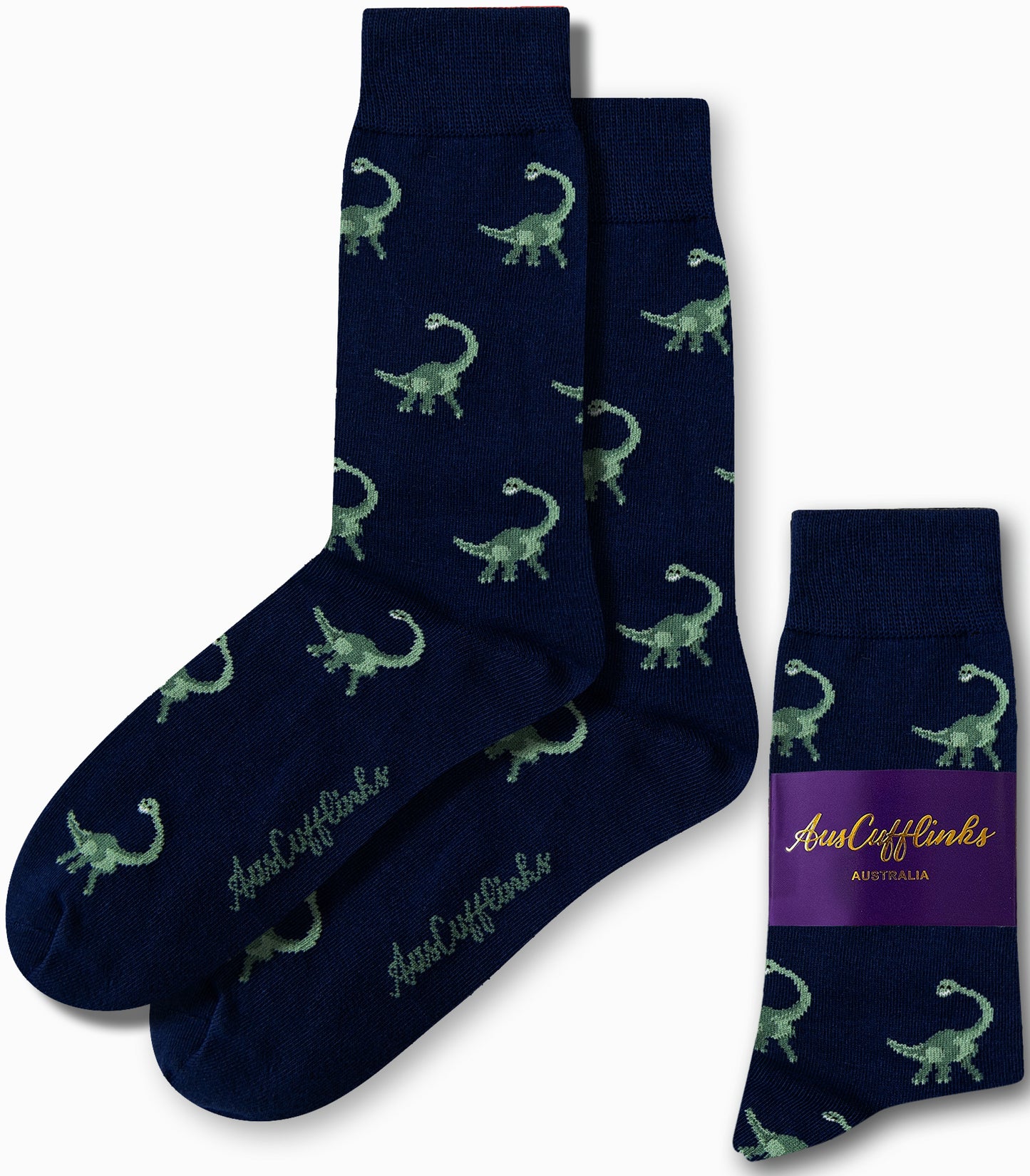 Brontosaurus dinosaur print socks in navy base by AusCufflinks