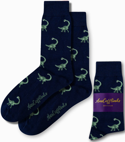 Brontosaurus dinosaur print socks in navy base by AusCufflinks